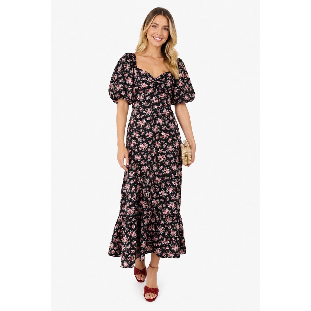 Tuckernuck Hyacinth House Seaport Black Floral Midi Dress Size L Open Tie‎ Back